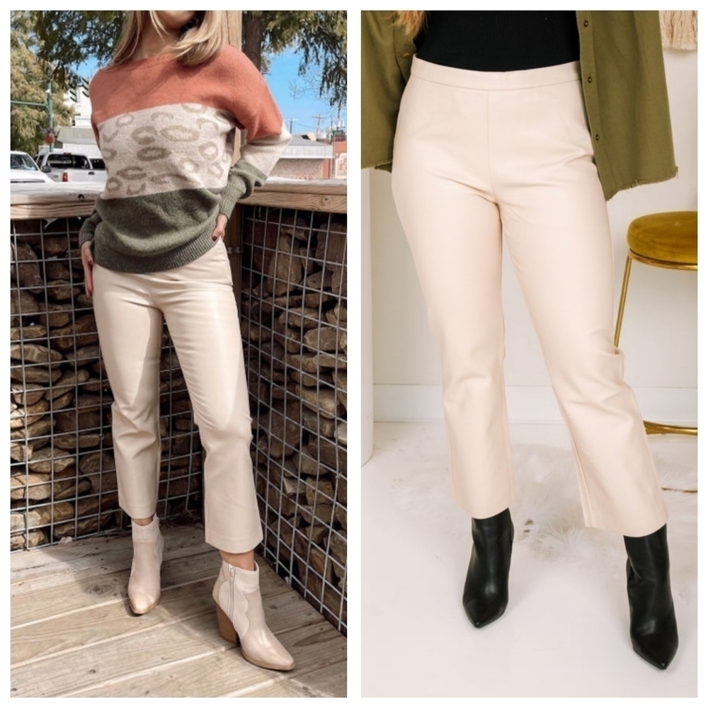 Aemi + Co Cream Vegan Leather High-Waisted Flare Cropped Pants